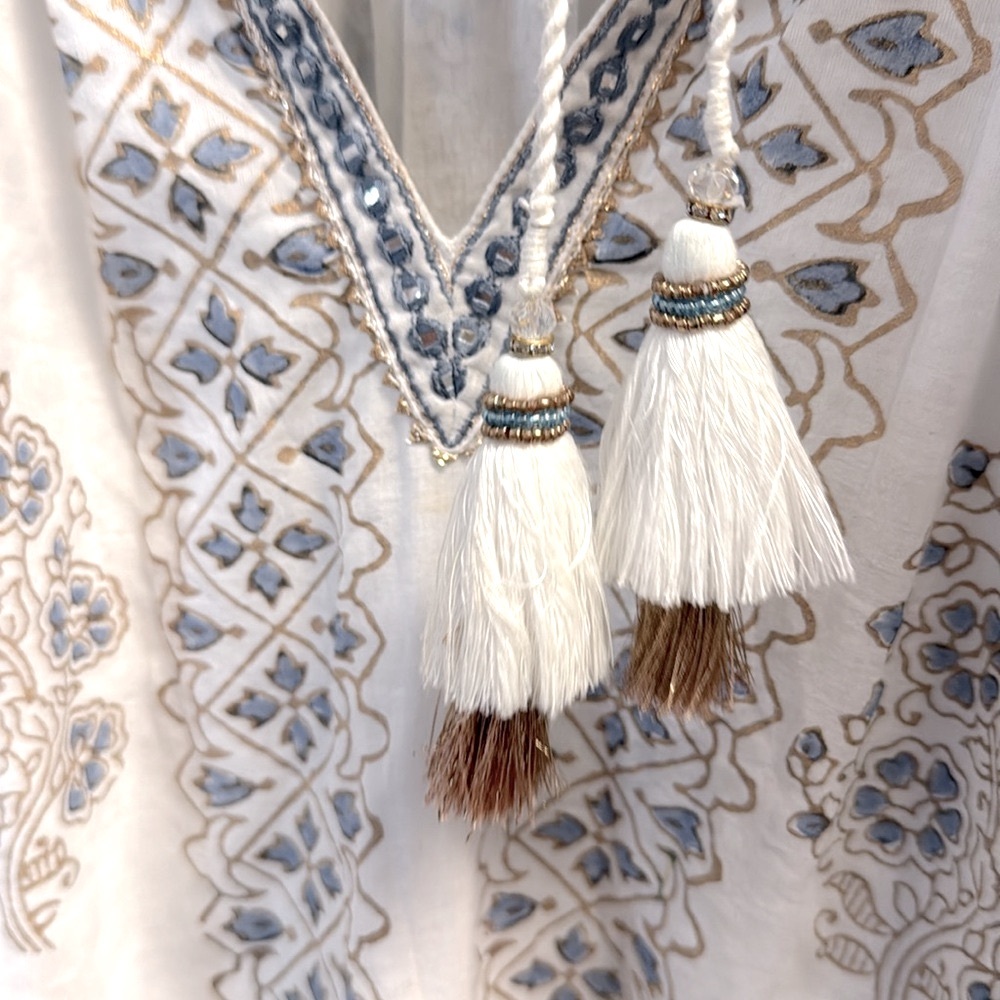 BELLA TU White Blue Gold Summer Tunic Tassel Cotton Resort Swim Dress | L - Picture 12 of 12